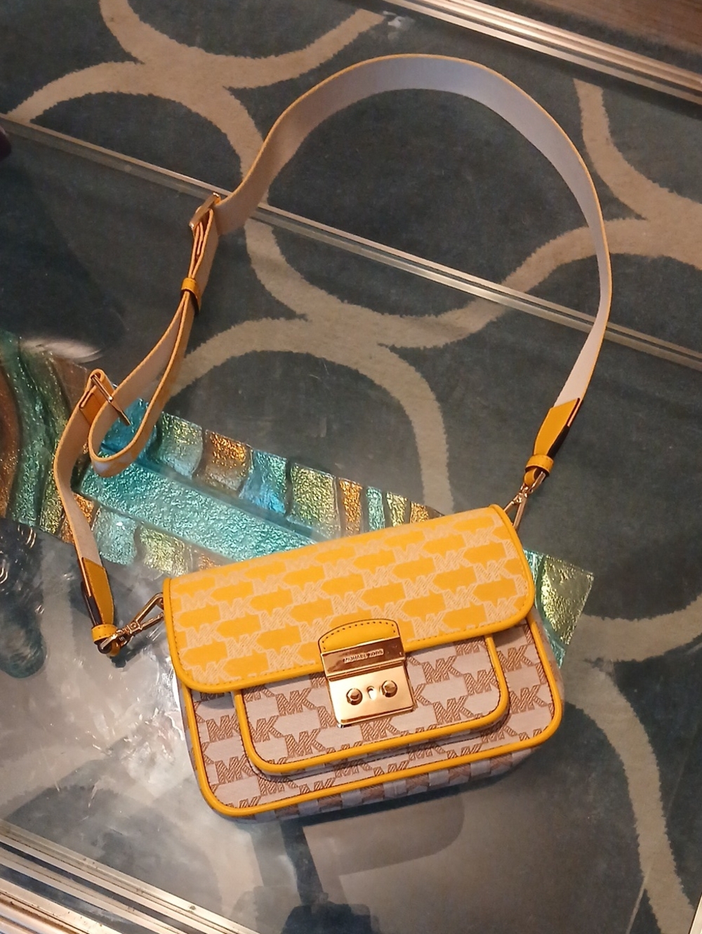 Michael Kors Yellow and White MK Logo Crossbody Bag - Picture 5 of 7